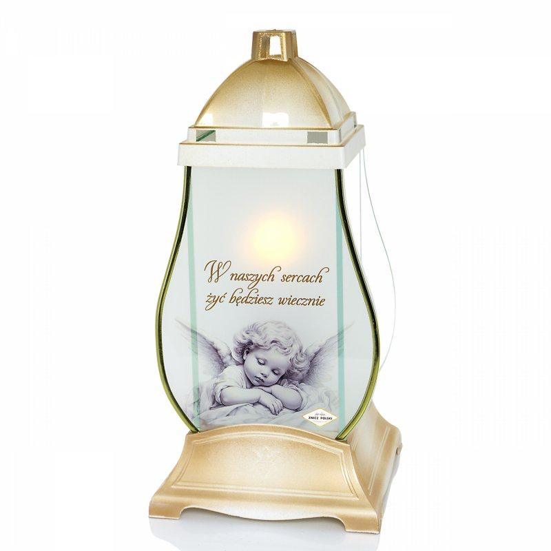 Znicz Lampion Szklany Gruszka Anioł Retro Biało Złoty 31 cm