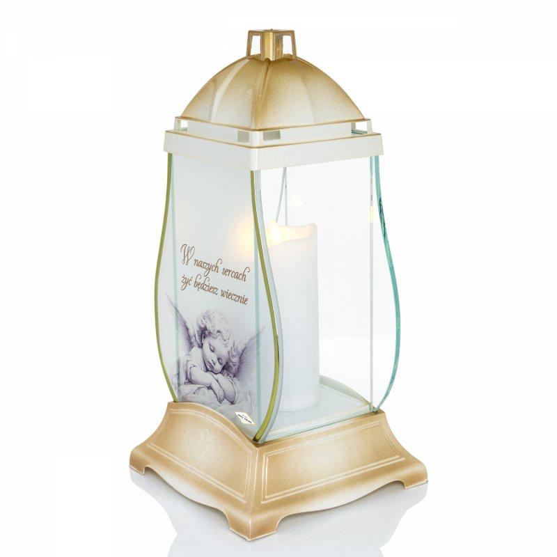 Znicz Lampion Szklany Gruszka Anioł Retro Biało Złoty 31 cm - obrazek 2
